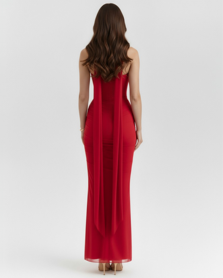 LOLA - CONJUNTO DOS PIEZAS ROJO EN MALLA CON FALDA MAXI