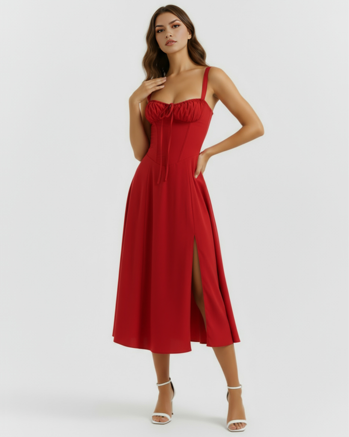 AMAPOLA - VESTIDO MIDI ROJO CON CORSÉ Y ABERTURA LATERAL