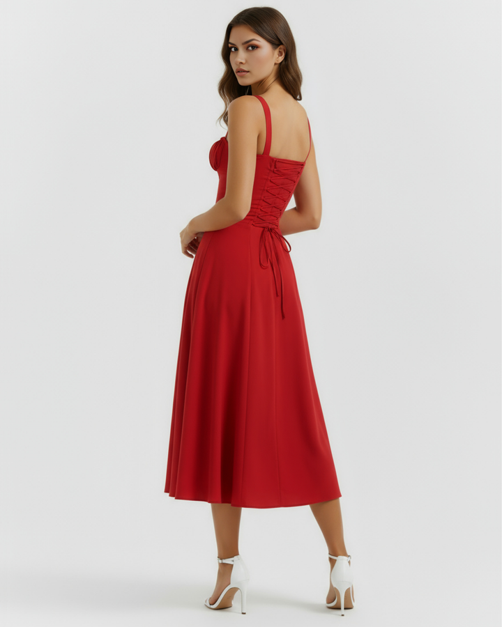 AMAPOLA - VESTIDO MIDI ROJO CON CORSÉ Y ABERTURA LATERAL