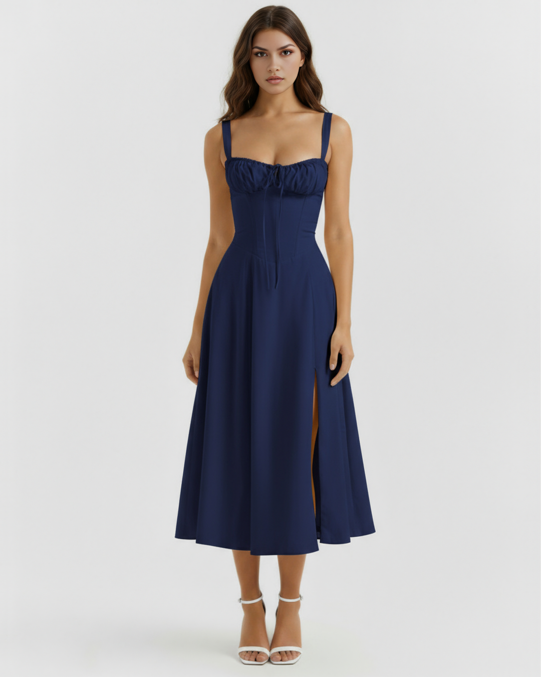 SILVIA - VESTIDO MIDI CORSET CON ABERTURA LATERAL AZUL NOCHE