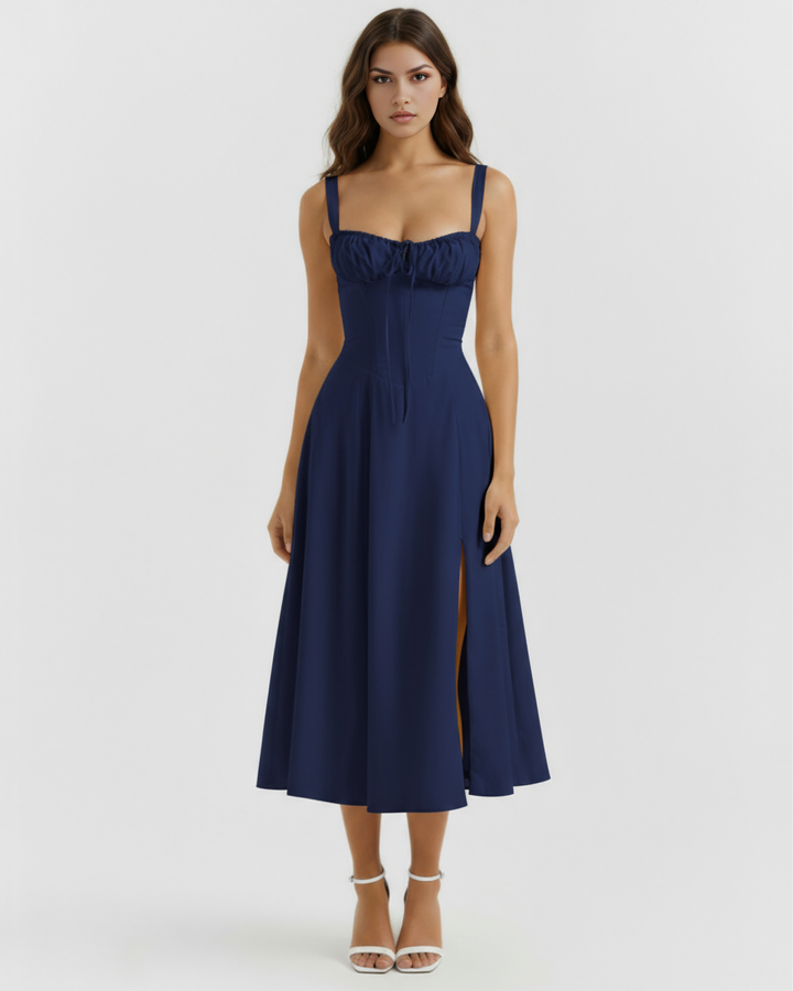 SILVIA - VESTIDO MIDI CORSET CON ABERTURA LATERAL AZUL NOCHE