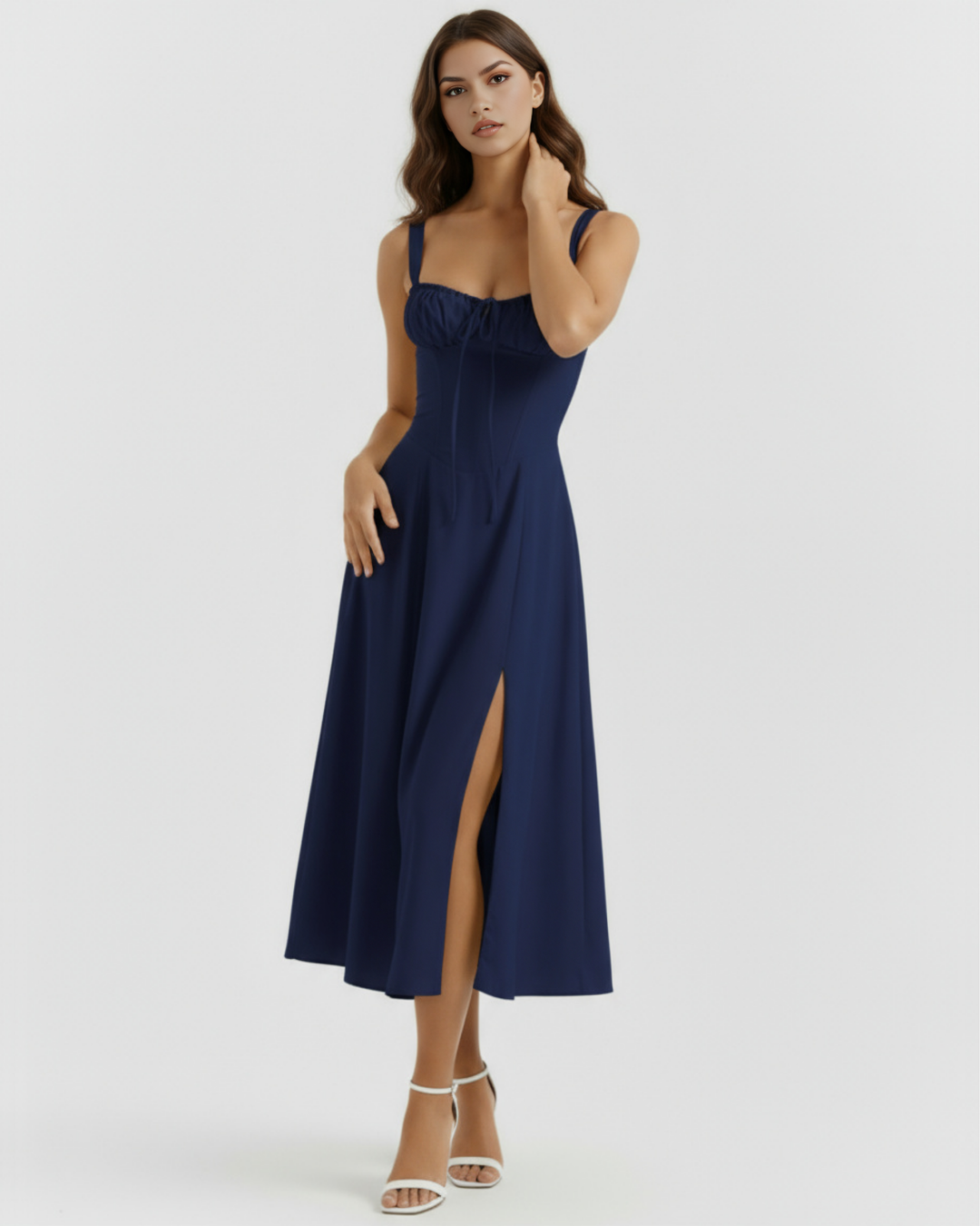SILVIA - VESTIDO MIDI CORSET CON ABERTURA LATERAL AZUL NOCHE