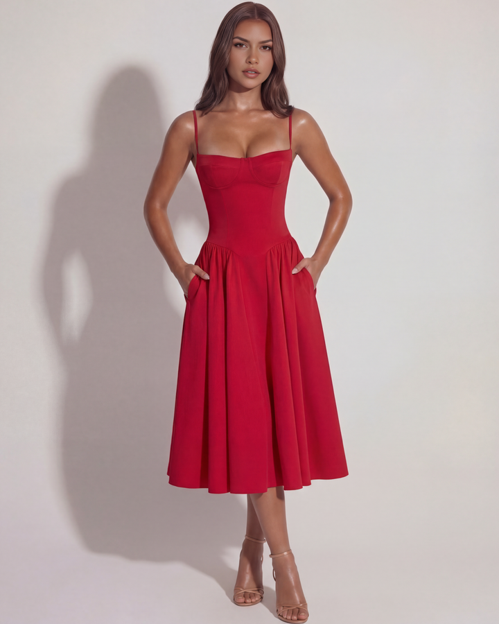 ROJA - VESTIDO MIDI ROJO CON ESCOTE CORAZÓN Y BOLSILLOS