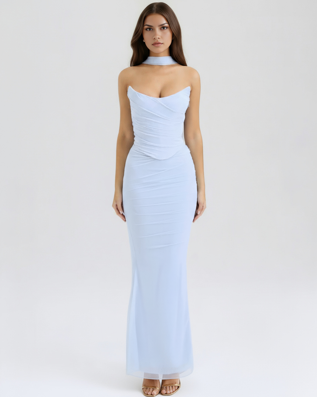 REBECA - CONJUNTO MIDI DE MALLA CON FALDA MAXI AZUL BEBÉ