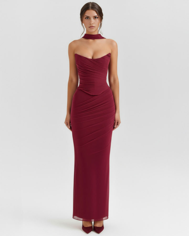 PATRICIA - CONJUNTO MIDI DE MALLA CON FALDA MAXI BURDEOS