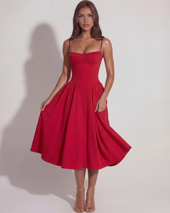 ROJA - VESTIDO MIDI ROJO CON ESCOTE CORAZÓN Y BOLSILLOS