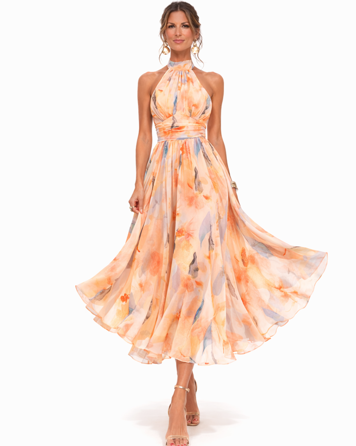 AURORA - VESTIDO CON ESCOTE HALTER Y ESTAMPADO ACUARELA