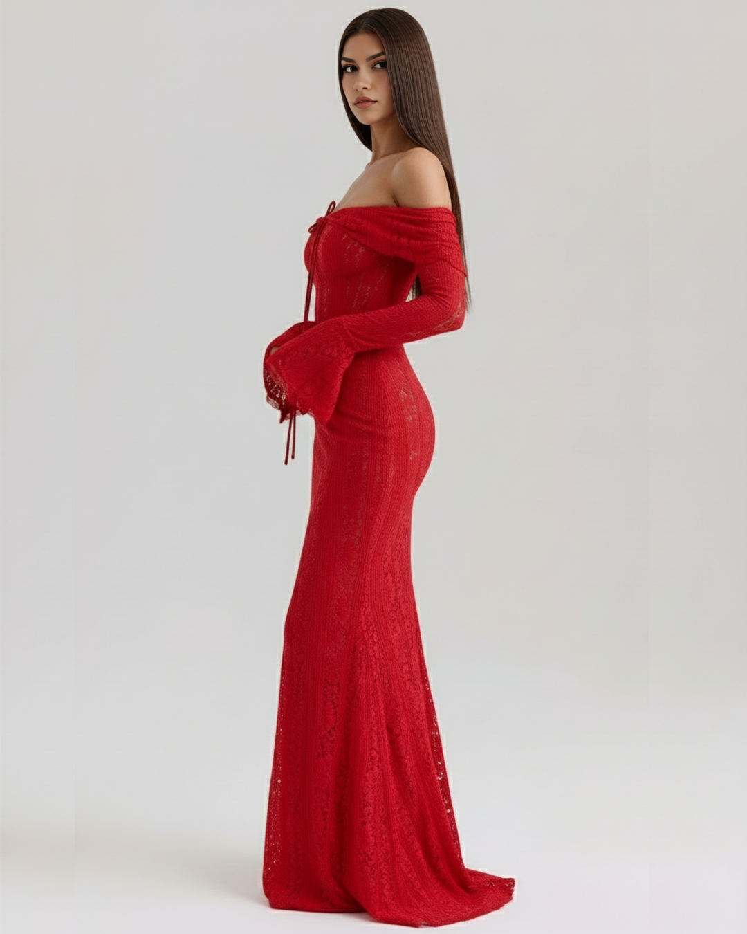ENCARNACIÓN - VESTIDO MAXI ROJO DE ENCAJE CON HOMBROS DESCUBIERTOS