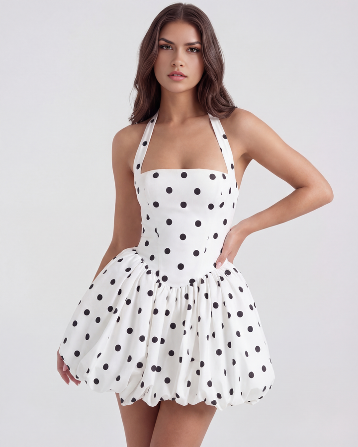 BEATRIZ - VESTIDO MINI HALTER FALDA GLOBO NEGRO Y BLANCO