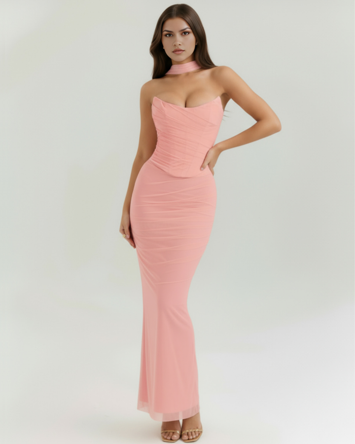 LAURA - CONJUNTO MIDI DE MALLA CON FALDA MAXI ROSA