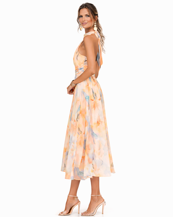 AURORA - VESTIDO CON ESCOTE HALTER Y ESTAMPADO ACUARELA