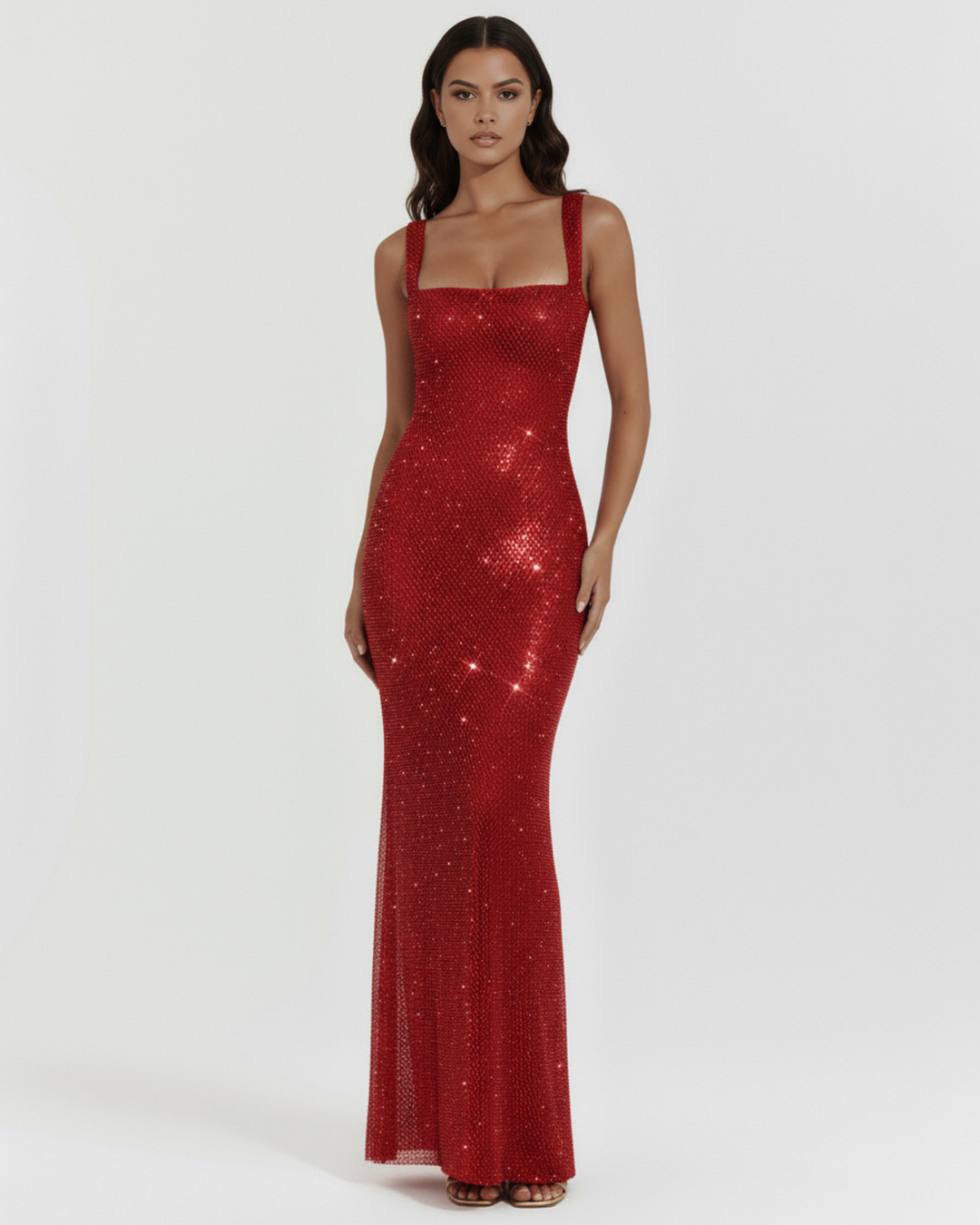 BORGOÑA - VESTIDO MAXI GRANATE CON PEDRERÍA Y ESCOTE CUADRADO