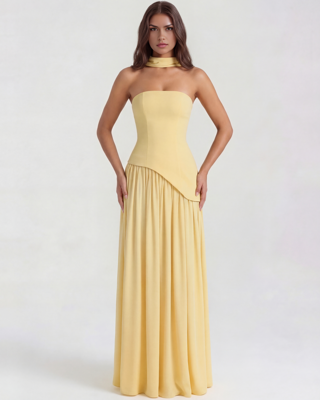 FERNANDA - VESTIDO MAXI ESCOTE ESCULPIDO AMARILLO SUAVE