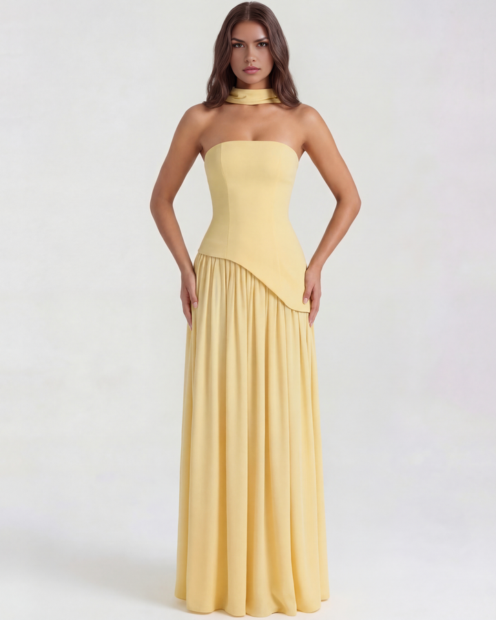 FERNANDA - VESTIDO MAXI ESCOTE ESCULPIDO AMARILLO SUAVE