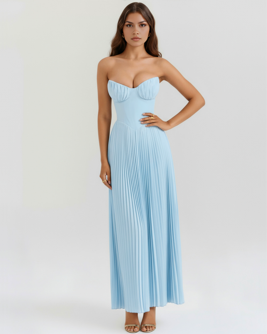 VALENTINA - VESTIDO MAXI PLISADO CORSET AZUL BEBÉ