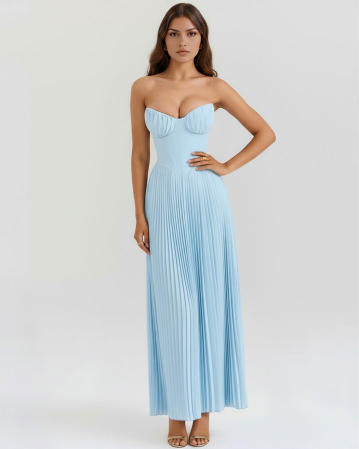 VALENTINA - VESTIDO MAXI PLISADO CORSET AZUL BEBÉ