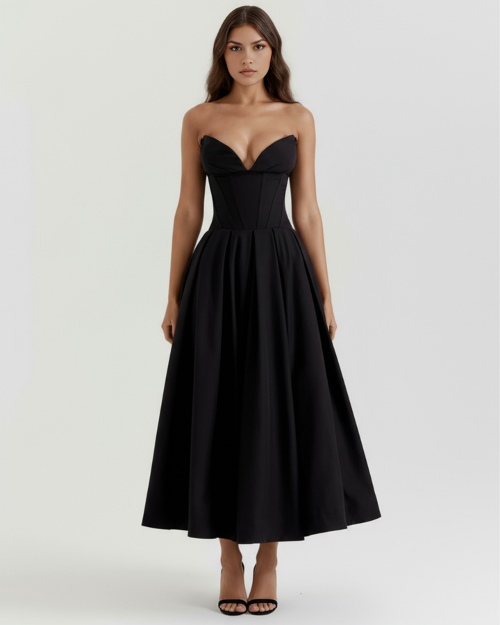 ANDREA - VESTIDO MIDI NEGRO CON CORSÉ Y BOLSILLOS