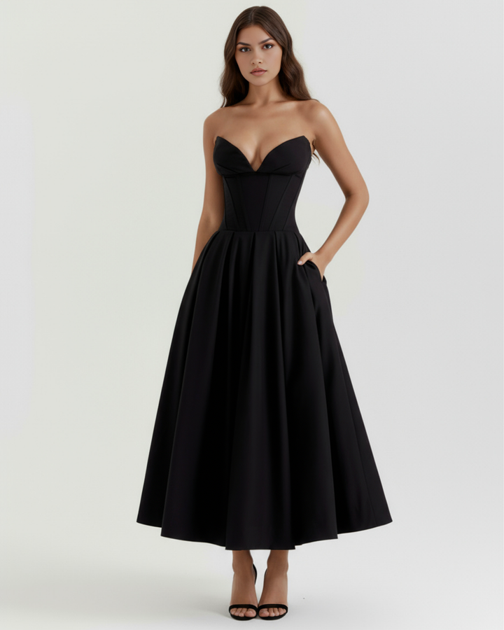 ANDREA - VESTIDO MIDI NEGRO CON CORSÉ Y BOLSILLOS