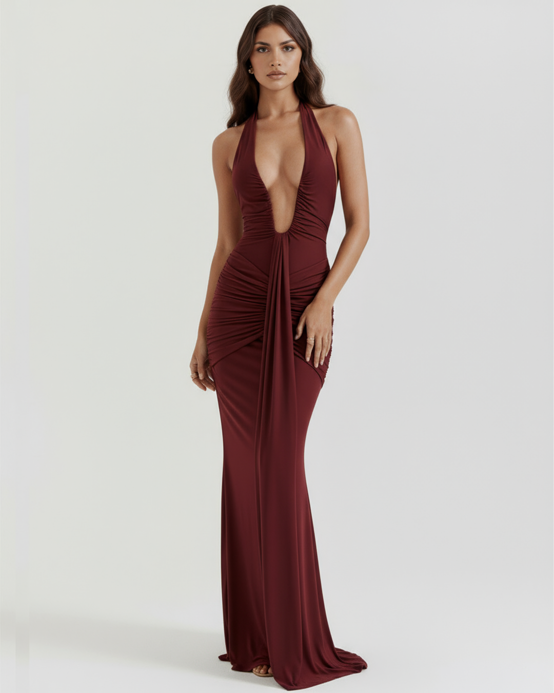 TERESA - VESTIDO MAXI HALTER ESCOTE EN V BURDEOS