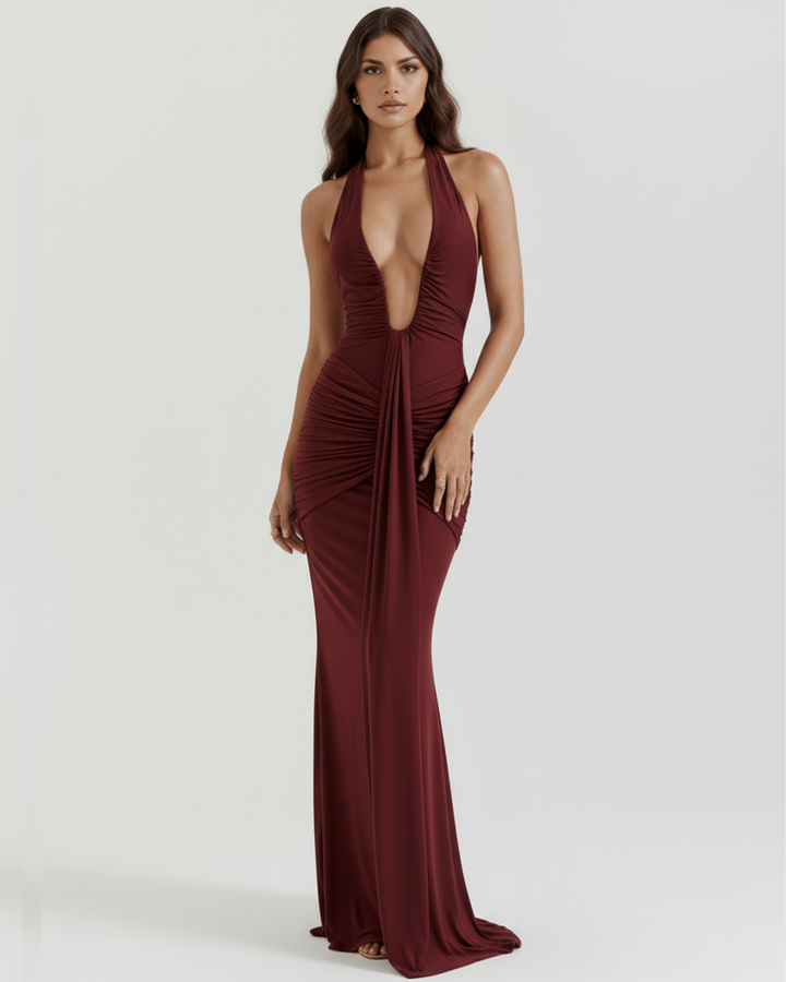 TERESA - VESTIDO MAXI HALTER ESCOTE EN V BURDEOS
