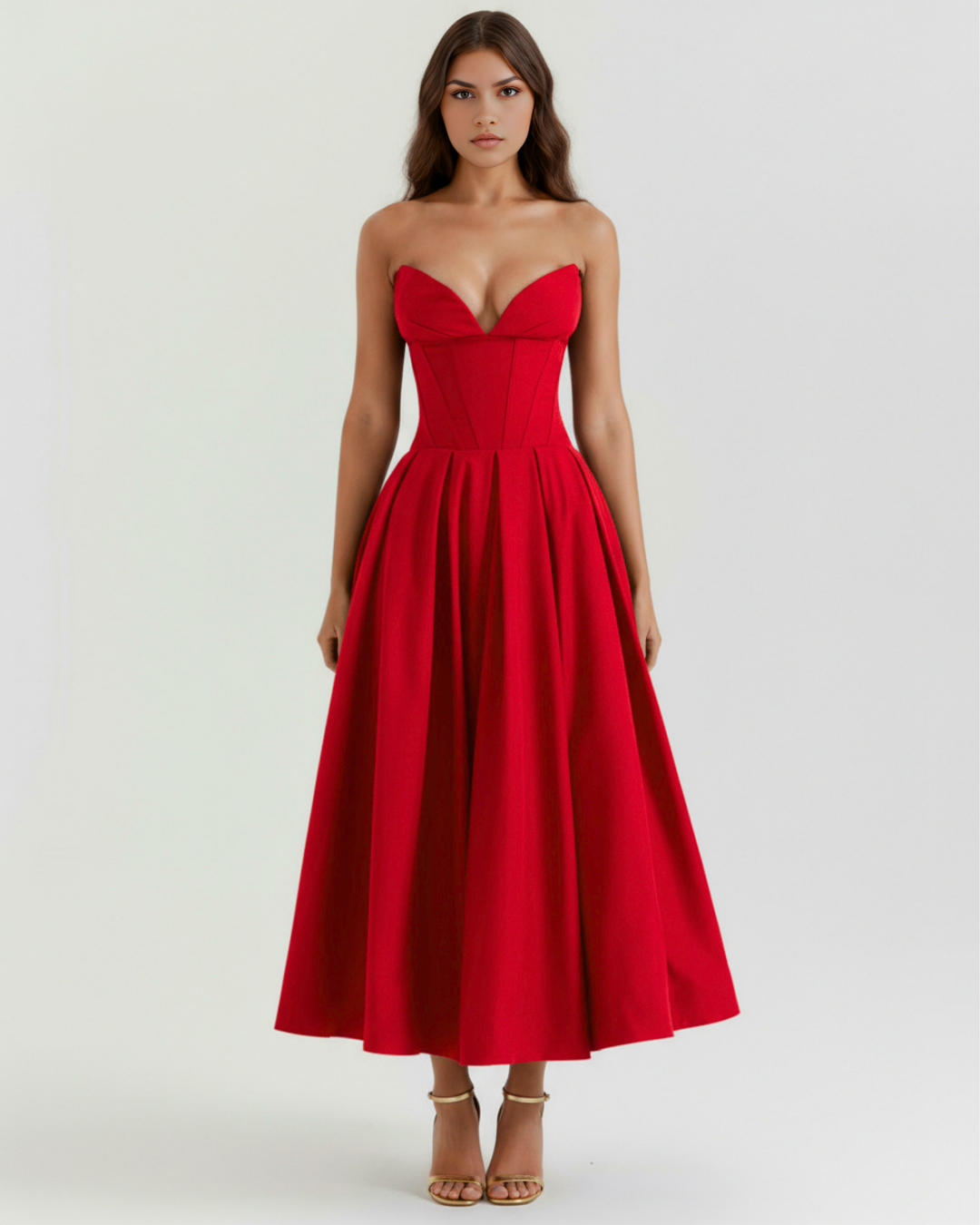 PASIÓN - VESTIDO MIDI ROJO CON CORSÉ Y BOLSILLOS