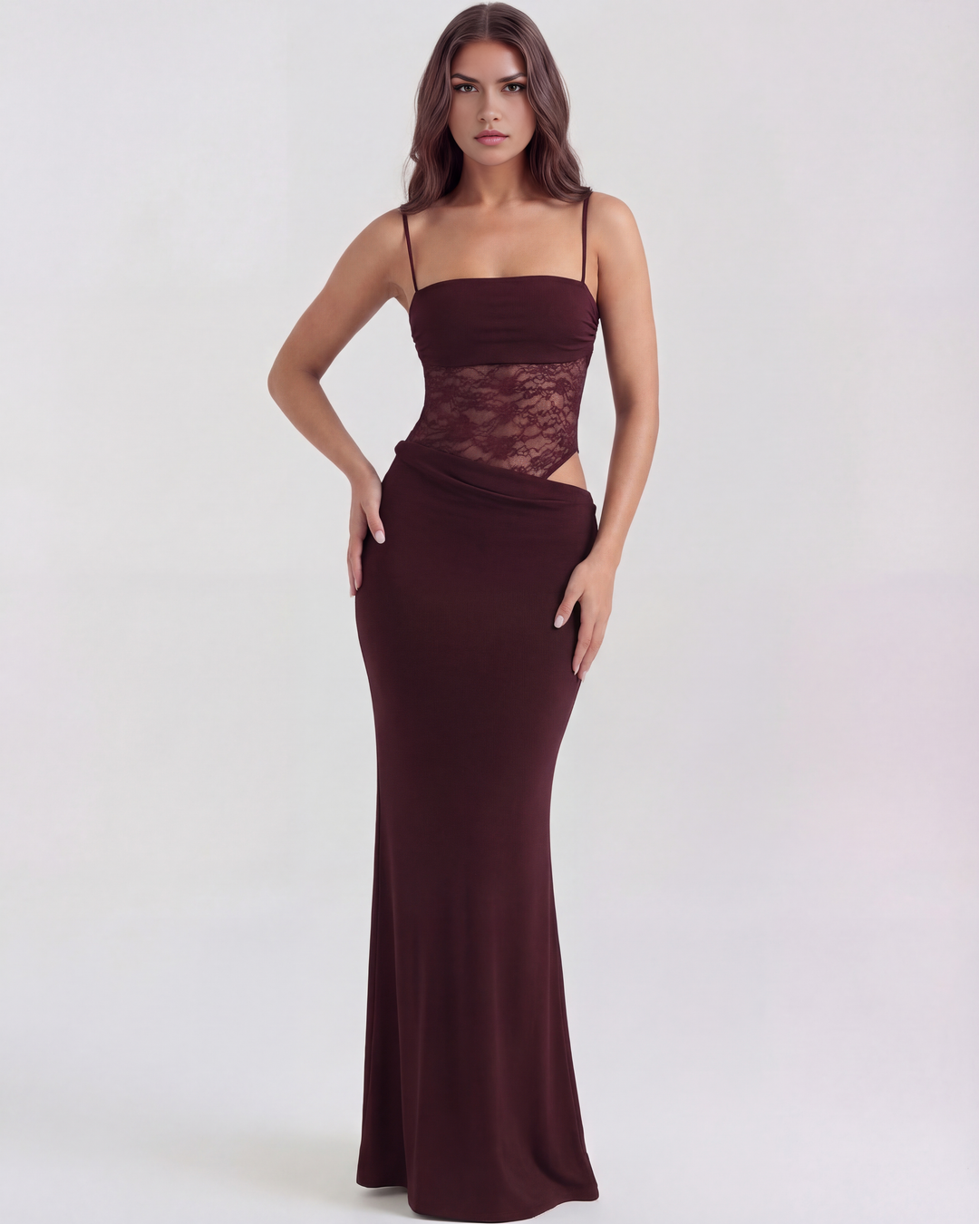 ARIADNA - VESTIDO MAXI ENCAJE CON CALADOS BURDEOS