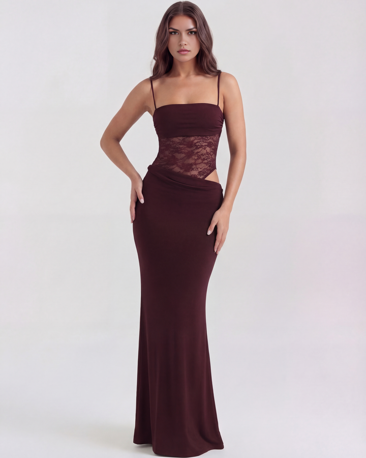 ARIADNA - VESTIDO MAXI ENCAJE CON CALADOS BURDEOS