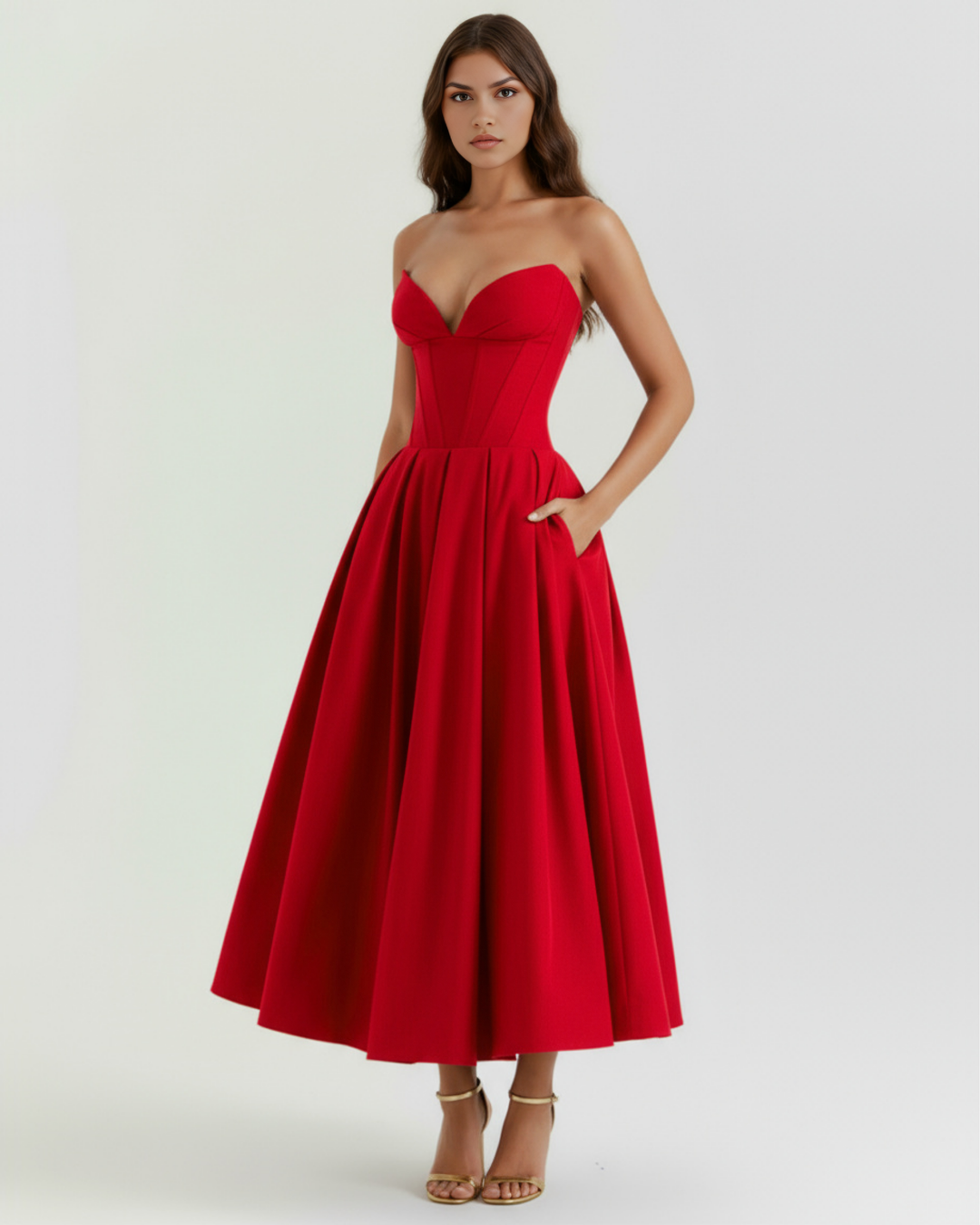 PASIÓN - VESTIDO MIDI ROJO CON CORSÉ Y BOLSILLOS