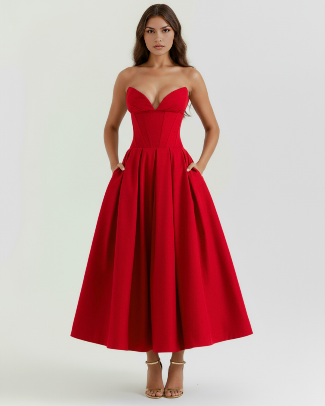 PASIÓN - VESTIDO MIDI ROJO CON CORSÉ Y BOLSILLOS