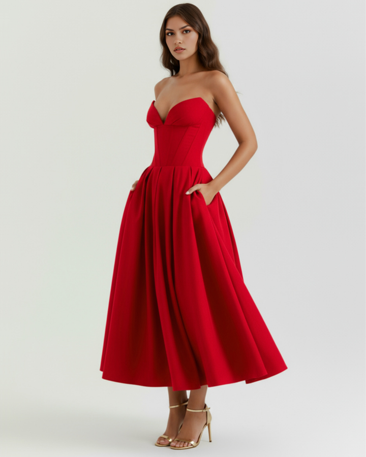 PASIÓN - VESTIDO MIDI ROJO CON CORSÉ Y BOLSILLOS