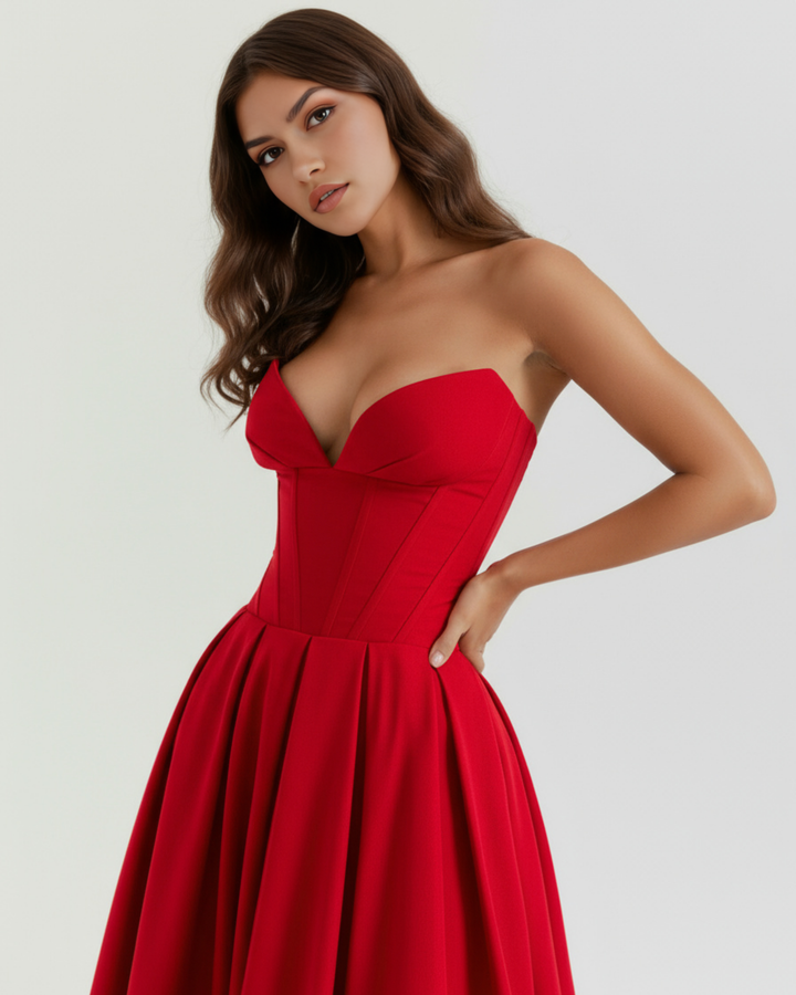 PASIÓN - VESTIDO MIDI ROJO CON CORSÉ Y BOLSILLOS