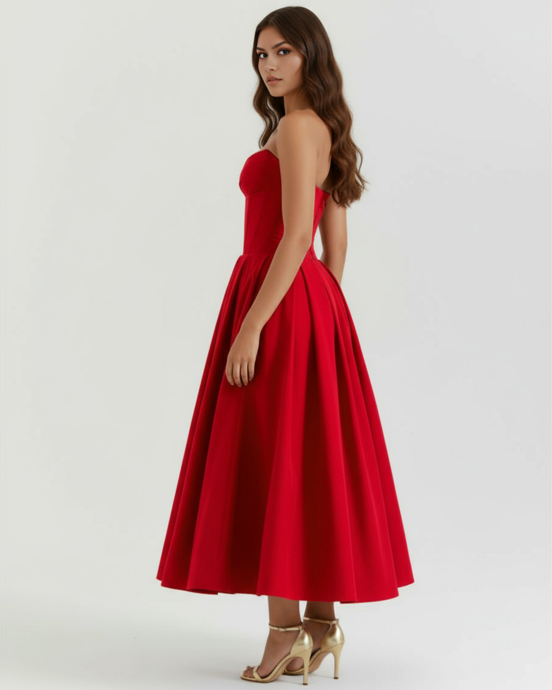 PASIÓN - VESTIDO MIDI ROJO CON CORSÉ Y BOLSILLOS