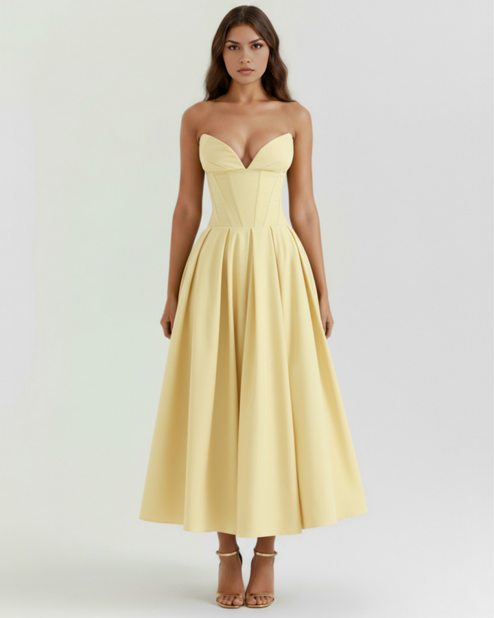 AURORA - VESTIDO MIDI CORSET CON BOLSILLOS AMARILLO CLARO