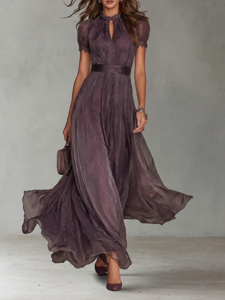 FLAVIA - VESTIDO LARGO VIOLETA CON ESCOTE GOTA Y ENCAJE DE CHIFÓN