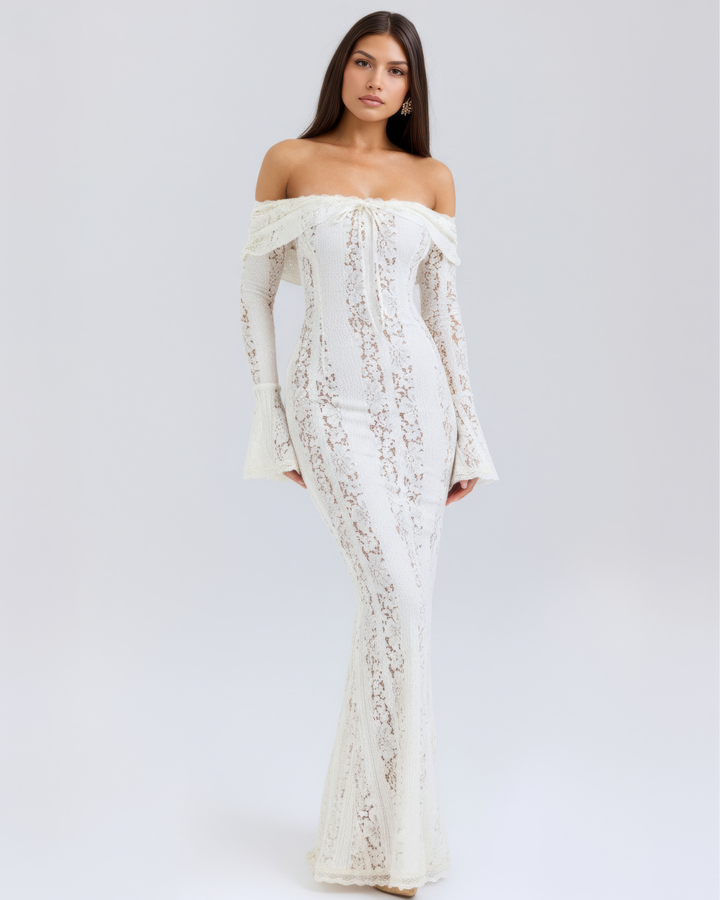NATALIA - VESTIDO MAXI ENCAJE HOMBROS DESCUBIERTOS BLANCO