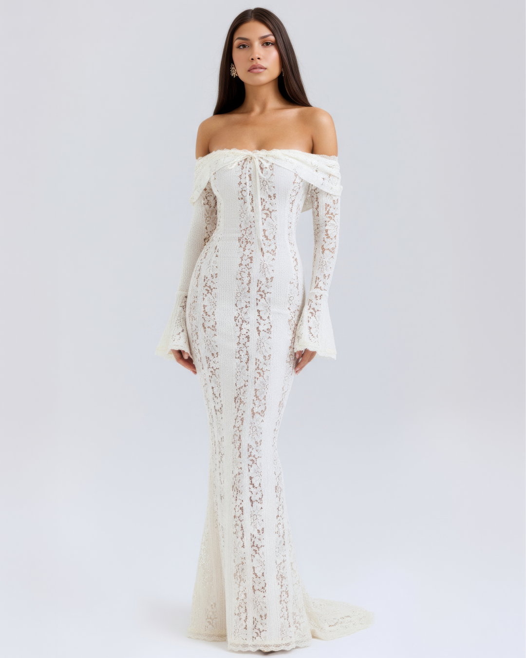 NATALIA - VESTIDO MAXI ENCAJE HOMBROS DESCUBIERTOS BLANCO