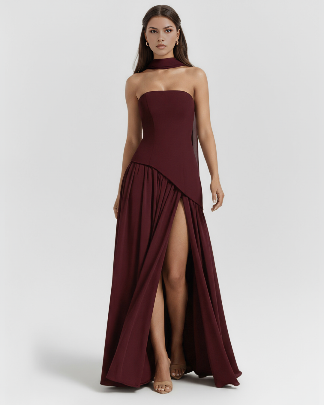 MARTA - VESTIDO MAXI ESCOTE ESCULPIDO BURDEOS
