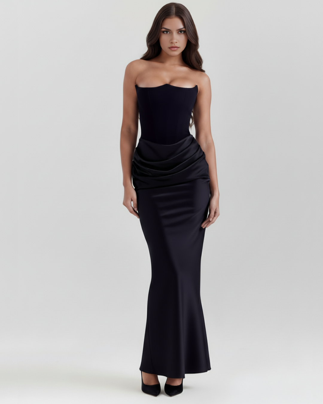 VICTORIA - VESTIDO MAXI CORSET SIN TIRANTES NEGRO