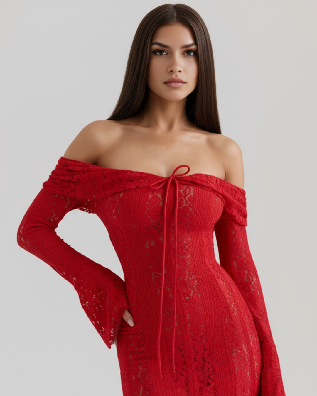 ENCARNACIÓN - VESTIDO MAXI ROJO DE ENCAJE CON HOMBROS DESCUBIERTOS