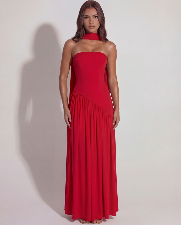 CARMEN - VESTIDO MAXI ROJO CON CORPIÑO ESCULPIDO Y CHIFÓN