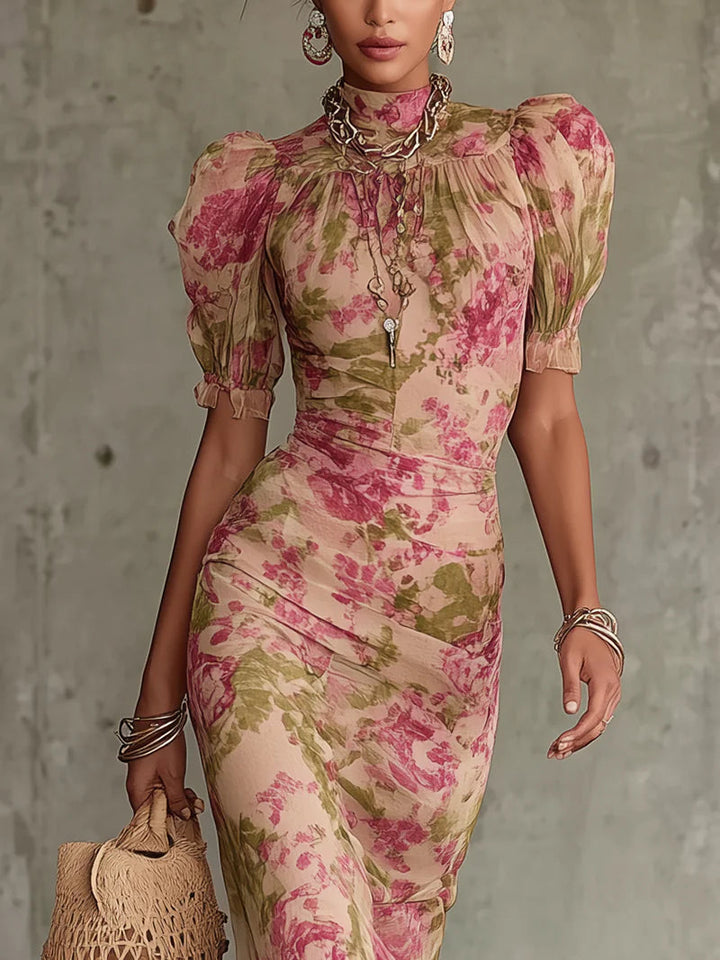 FIORA - VESTIDO LARGO CON ESTAMPADO VINTAGE DE ROSAS Y MANGAS ABULLONADAS