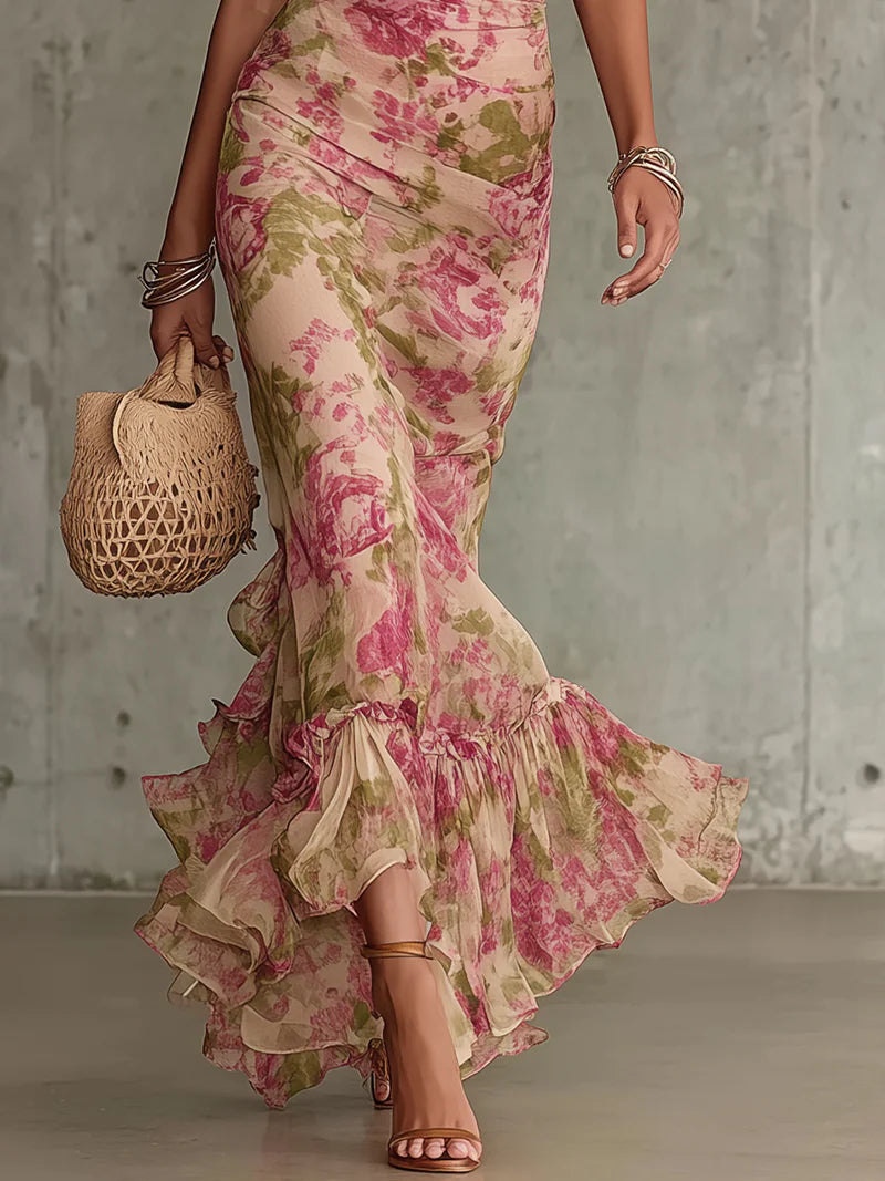 FIORA - VESTIDO LARGO CON ESTAMPADO VINTAGE DE ROSAS Y MANGAS ABULLONADAS