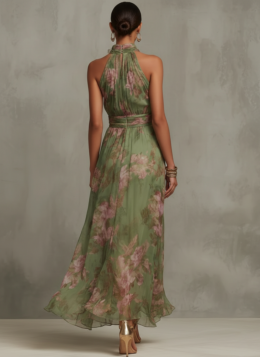 SERENA - VESTIDO LARGO VERDE FLORAL DE CHIFÓN CON ESCOTE HALTER