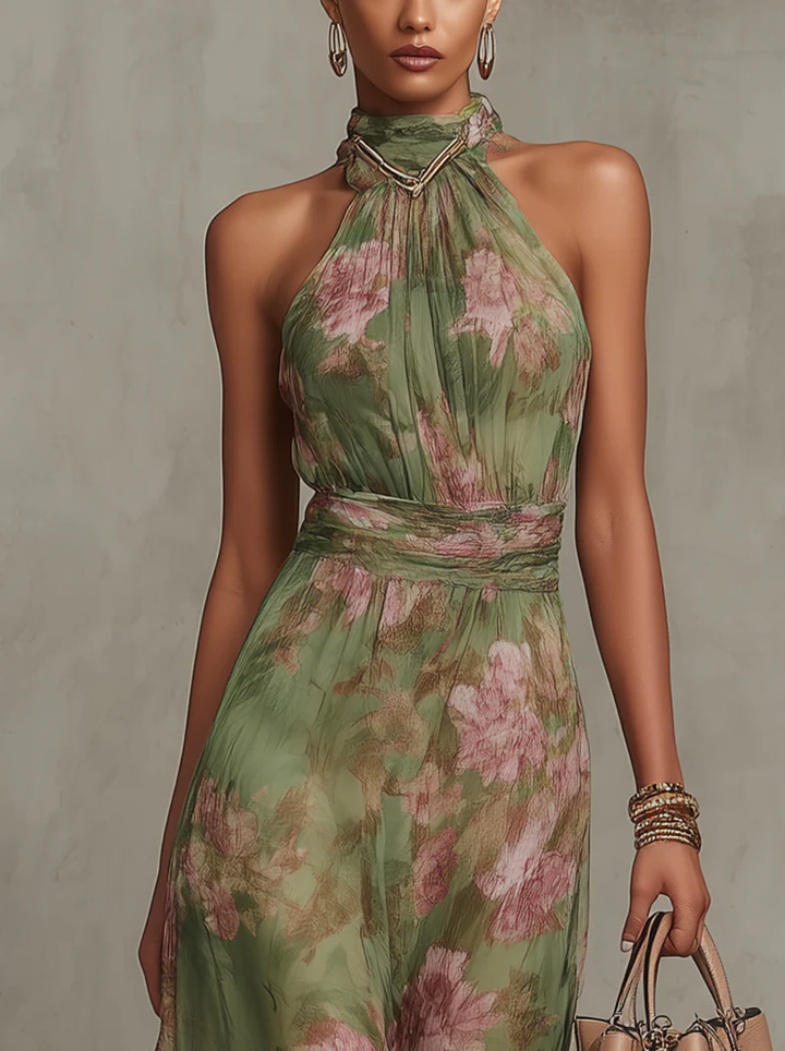 SERENA - VESTIDO LARGO VERDE FLORAL DE CHIFÓN CON ESCOTE HALTER