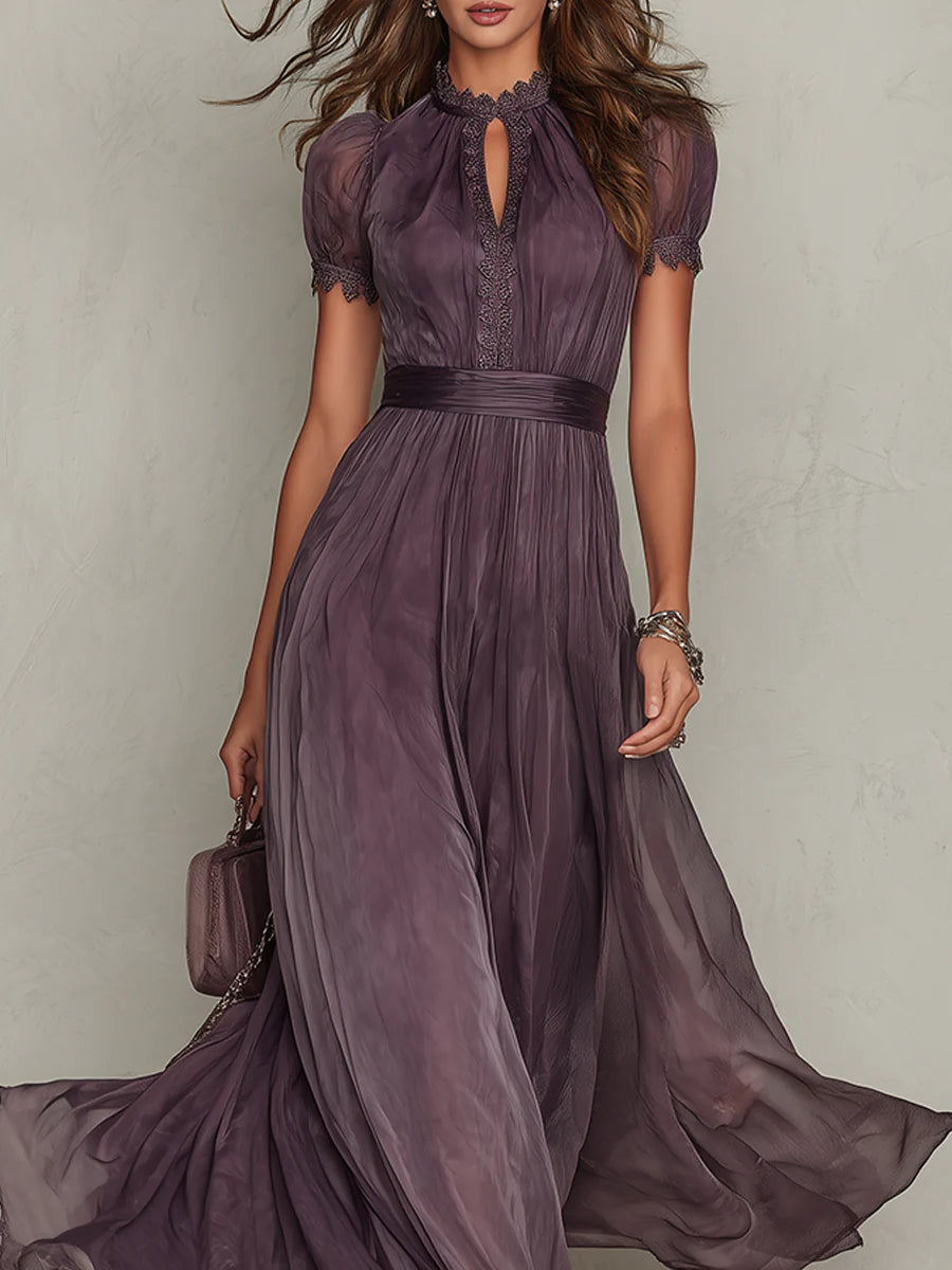 FLAVIA - VESTIDO LARGO VIOLETA CON ESCOTE GOTA Y ENCAJE DE CHIFÓN