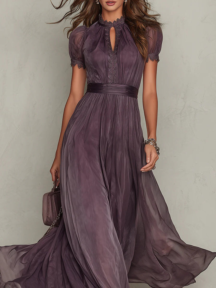FLAVIA - VESTIDO LARGO VIOLETA CON ESCOTE GOTA Y ENCAJE DE CHIFÓN