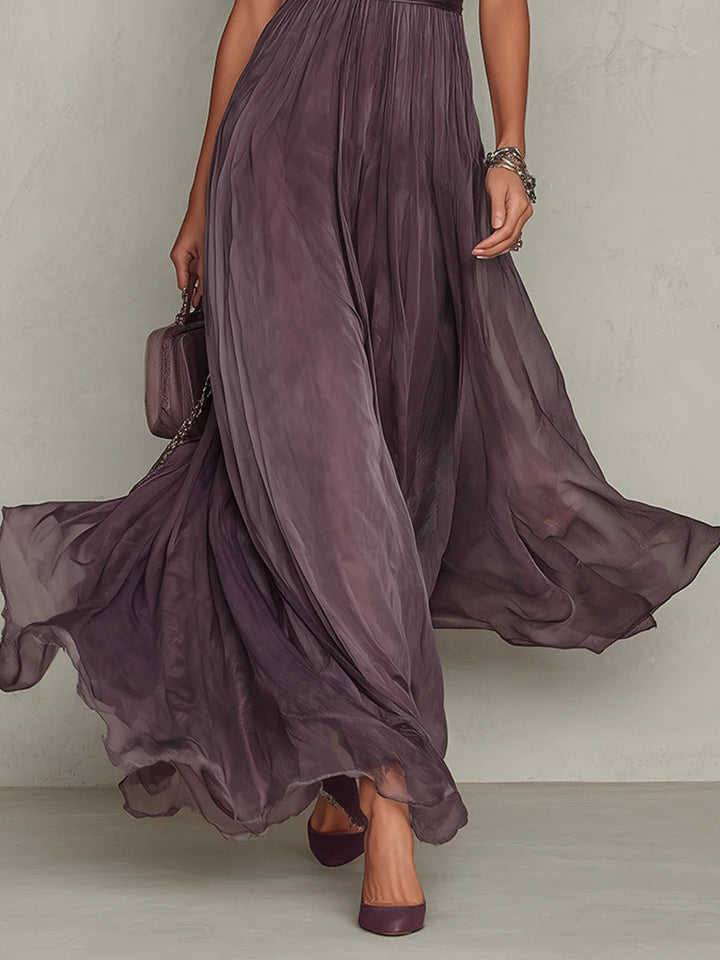 FLAVIA - VESTIDO LARGO VIOLETA CON ESCOTE GOTA Y ENCAJE DE CHIFÓN