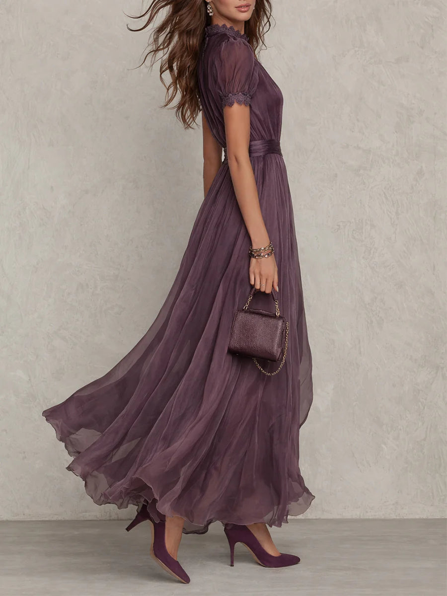 FLAVIA - VESTIDO LARGO VIOLETA CON ESCOTE GOTA Y ENCAJE DE CHIFÓN
