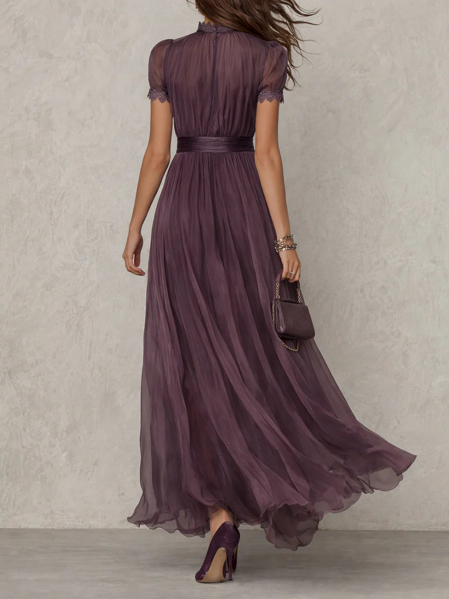 FLAVIA - VESTIDO LARGO VIOLETA CON ESCOTE GOTA Y ENCAJE DE CHIFÓN