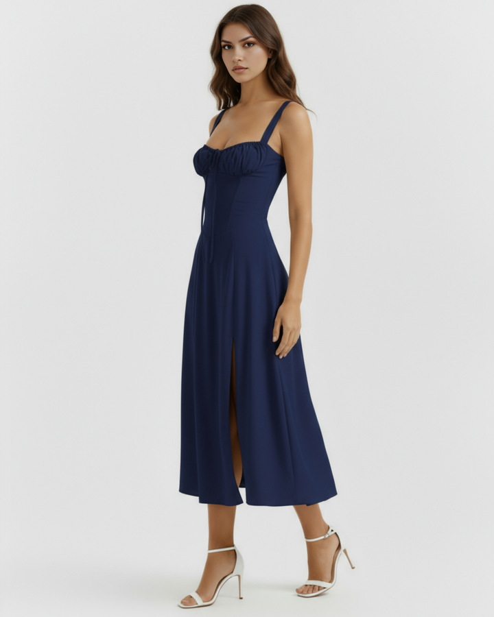 SILVIA - VESTIDO MIDI CORSET CON ABERTURA LATERAL AZUL NOCHE